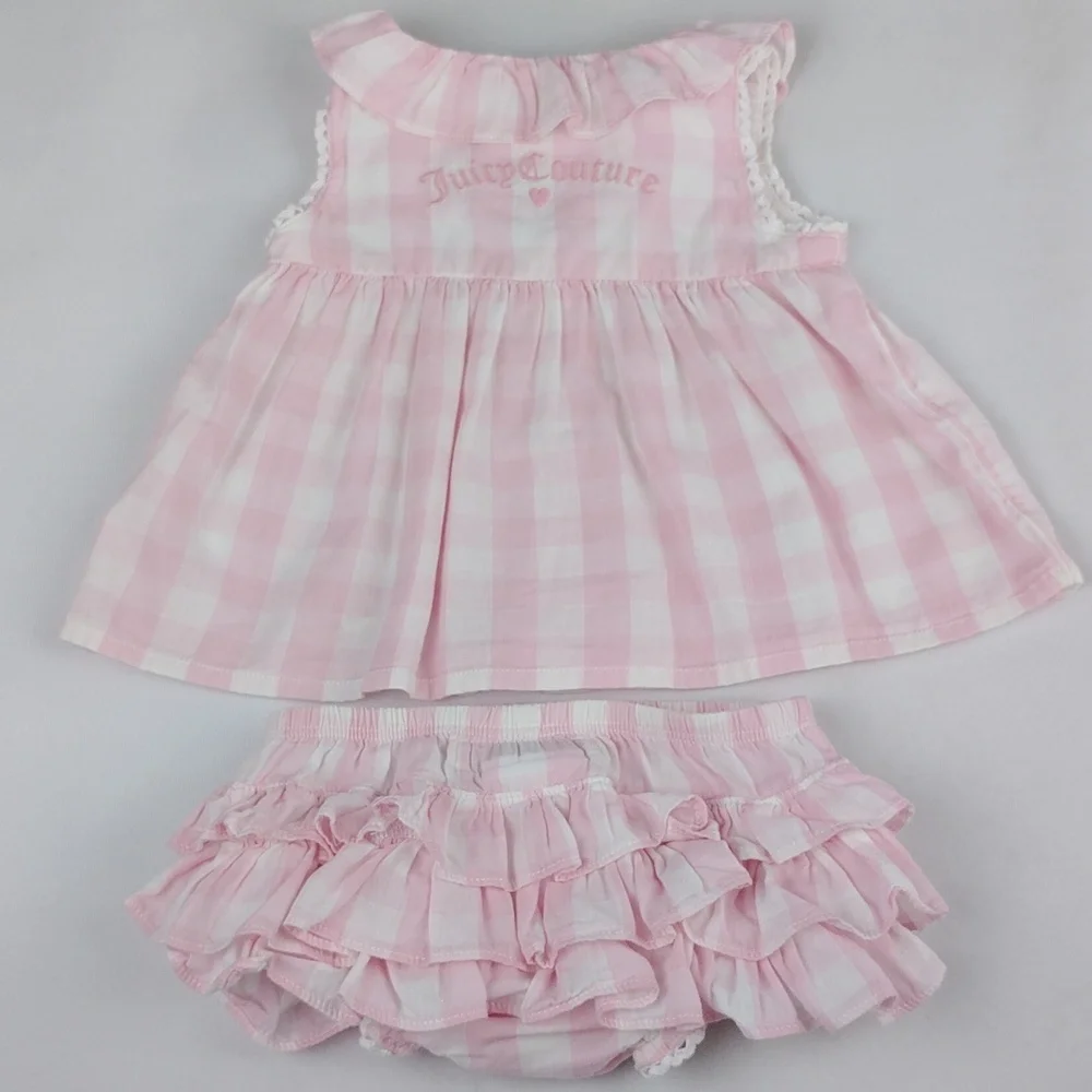 Juicy Couture Light Pink Gingham Ruffled Dress And Pants Set.